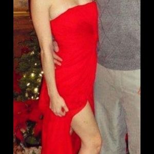 Strapless Red Formal Maxi Dress With Leg Slit